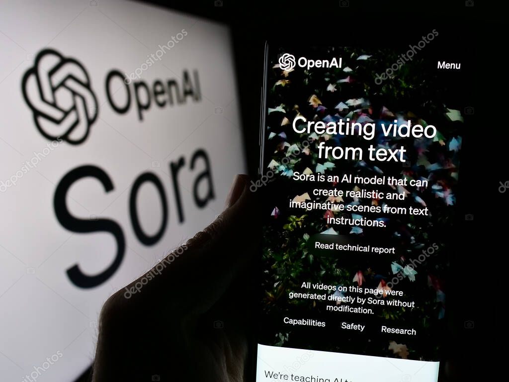 Stuttgart, Germany - 03-06-2024: Person holding cellphone with webpage of text-to-video model software Sora (OpenAI) in front of logo. Focus on center of phone display.