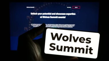 Stuttgart, Almanya - 03-19-2024: İnternet sitesi önünde dijital pazarlama platformu Wolves Zirvesi logosu taşıyan kişi. Telefon ekranına odaklan.