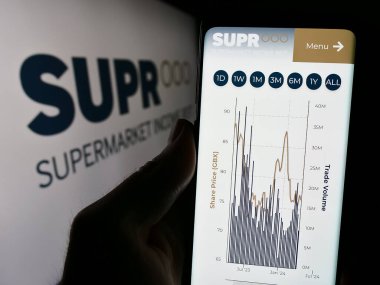 Stuttgart, Almanya - 04-08-2024: İngiliz emlak şirketi Supermarket Gelir REIT plc 'nin web sayfası ile logo önünde cep telefonu tutan kişi. Telefon ekranının merkezine odaklan.