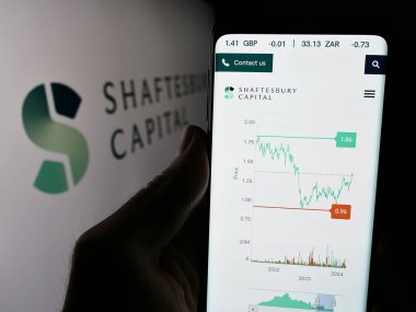 Stuttgart, Almanya - 04-08-2024: İngiliz yatırım şirketi Shaftesbury Capital plc 'nin web sitesiyle logo önünde cep telefonu tutan kişi. Telefon ekranının merkezine odaklan.