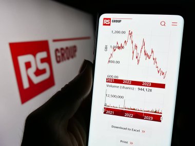 Stuttgart, Almanya - 11-24-2023: İngiliz elektrik dağıtım şirketi RS Group plc 'nin web sitesi ile logo önünde cep telefonu tutan kişi. Telefon ekranının merkezine odaklan.