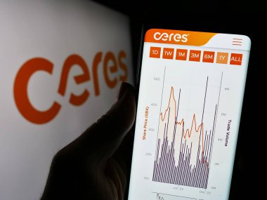 Stuttgart, Germany - 12-06-2023: Person holding smartphone with webpage of British fuel cell company Ceres Power Holdings plc in front of logo. Focus on center of phone display. clipart