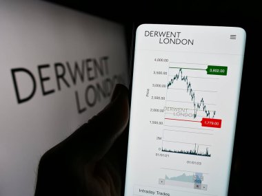 Stuttgart, Almanya - 12-08-2023: İngiliz emlak şirketi Derwent London plc 'in web sayfası ile logo önünde cep telefonu tutan kişi. Telefon ekranının merkezine odaklan.