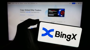 Stuttgart, Almanya - 12-14-2023: Kripto döviz şirketi BingX 'in logosunun bulunduğu cep telefonu sahibi kişi iş sayfasının önünde. Telefon ekranına odaklan.