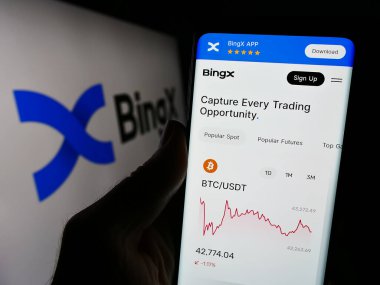 Stuttgart, Almanya - 12-14-2023: Kripto döviz şirketi BingX 'in web sayfası ile iş logosu önünde cep telefonu tutan kişi. Telefon ekranının merkezine odaklan.