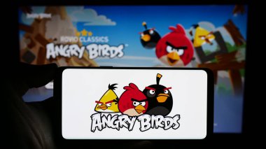 Stuttgart, Almanya - 11-14-2023: İş sayfası önündeki Angry Birds video oyununun logosu olan cep telefonu sahibi kişi. Telefon ekranına odaklan.