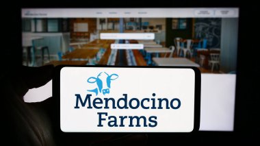 Stuttgart, Almanya - 09-27-2023: İnternet sayfasının önünde Amerikan hızlı gündelik restoran zinciri Mendocino Farms logosu olan cep telefonu sahibi kişi. Telefon ekranına odaklan.