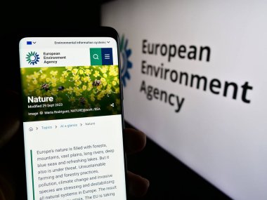 Stuttgart, Almanya - 10-25-2023: Logo önünde AB kurumu Avrupa Çevre Ajansı 'nın (AÇA) web sayfası ile akıllı telefon tutan kişi. Telefon ekranının merkezine odaklan.