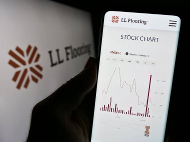 Stuttgart, Almanya - 10-28-2023: ABD 'li perakende şirketi LL Flooring' in web sitesi ile birlikte iş logosu önünde cep telefonu tutan kişi. Telefon ekranının merkezine odaklan.