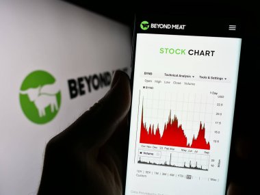 Stuttgart, Almanya - 09-11-2023: ABD 'li et ikame şirketi Beyond Meat Inc.' in web sitesi ile akıllı telefon sahibi kişi ekranda logoyla görülüyor. Telefon ekranının merkezine odaklan.