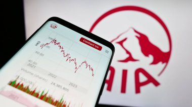 Stuttgart, Almanya - 09-13-2023: Sigorta şirketi AIA Group Limited 'in web sayfalı akıllı telefon iş logosu önünde ekranda. Telefon ekranının sol üst kısmına odaklan.