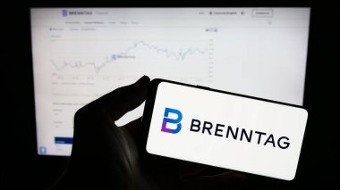 Stuttgart, Almanya - 09-17-2023: Alman kimyasal dağıtım şirketi Brenntag SE 'nin logosunun bulunduğu cep telefonu web sayfası önünde ekranda. Telefon ekranına odaklan.