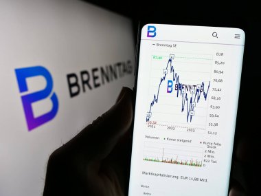 Stuttgart, Almanya - 09-17-2023: Alman kimyasal dağıtım şirketi Brenntag SE 'nin web sitesi ile akıllı telefon sahibi kişi ekranda logolu. Telefon ekranının merkezine odaklan.