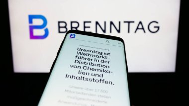 Stuttgart, Almanya - 09-17-2023: Alman kimyasal dağıtım şirketi Brenntag SE 'nin internet sayfalı cep telefonu logonun önünde ekranda. Telefon ekranının sol üst kısmına odaklan.