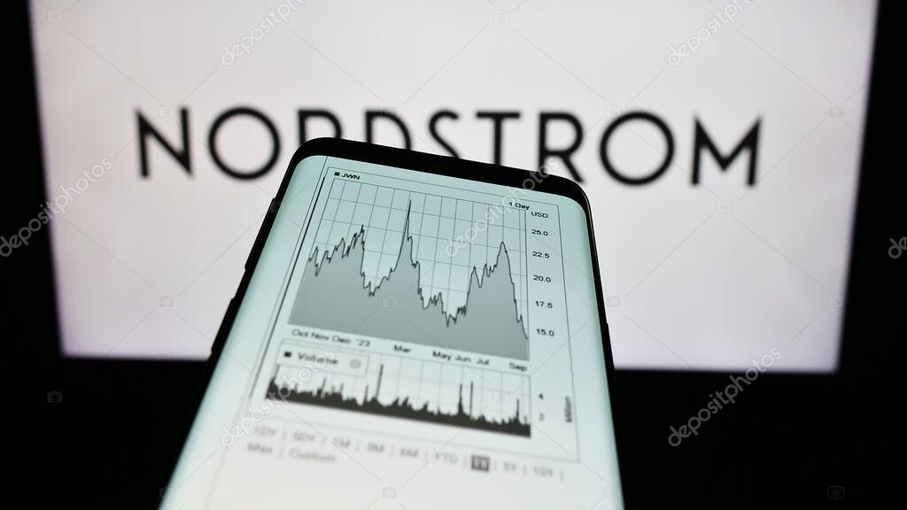 Stuttgart, Germany - 09-13-2023: Smartphone with website of US department store company Nordstrom Inc. on screen in front of business logo. Focus on top-left of phone display.