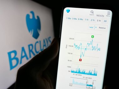 Stuttgart, Almanya - 09-18-2023: İngiliz evrensel bankası Barclays plc 'in web sayfası olan cep telefonu sahibi şirket logosu önünde ekranda. Telefon ekranının merkezine odaklan.