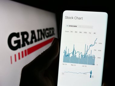 Stuttgart, Almanya - 08-12-2023: ABD 'li endüstriyel tedarik şirketi W.W. Grainger Inc.' in internet sayfası ile cep telefonu tutan kişi logolu ekranda. Telefon ekranının merkezine odaklan.