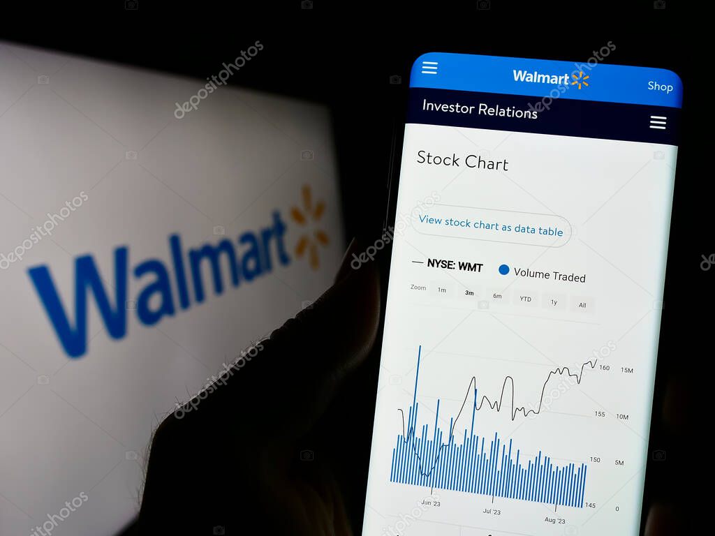 Stuttgart, Germany - 08-13-2023: Person holding smartphone with web page of US retail company Walmart Inc. on screen in front of business logo. Focus on center of phone display.