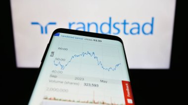 Stuttgart, Almanya - 08-14-2023: Hollandalı insan kaynakları şirketi Randstad NV 'nin web sitesi ile cep telefonu iş logosu önünde ekranda. Telefon ekranının sol üst kısmına odaklan.