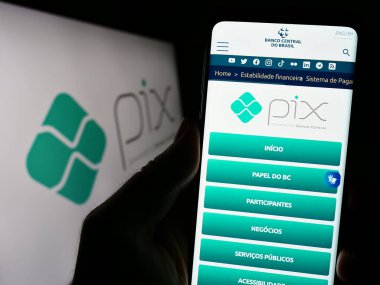 Stuttgart, Almanya - 08-17-2023: Brezilya 'nın ani ödeme platformu Pix' in web sitesine sahip kişi logonun önünde ekranda. Telefon ekranının merkezine odaklan.