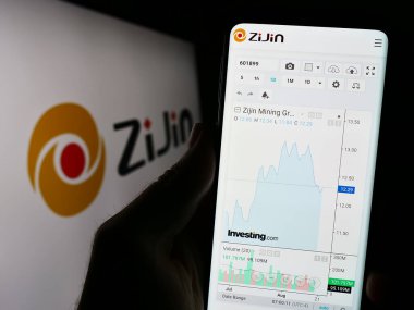 Stuttgart, Almanya - 08-17-2023: Çinli Zijin Mining Group Co. 'nun web sitesi ile akıllı telefon sahibi kişi ekranda logoyla sınırlı. Telefon ekranının merkezine odaklan.