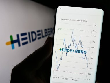 Stuttgart, Almanya - 08-22-2023: Alman şirketi Heidelberger Druckmaschinen AG 'nin web sitesi ile cep telefonu tutan kişi logo ile ekranda. Telefon ekranının merkezine odaklan.