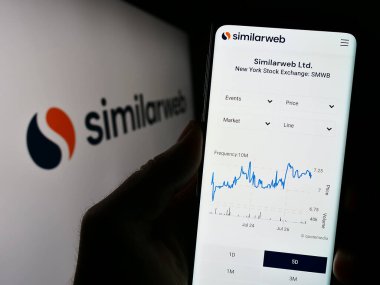 Stuttgart, Almanya - 07-27-2023: İsrailli web analitik şirketi SimilarWeb Ltd. 'nin web sitesi ile cep telefonu tutan kişi logolu ekranda. Telefon ekranının merkezine odaklan.