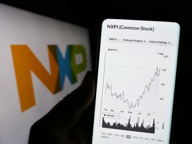 Stuttgart, Almanya - 07-28-2023: Hollandalı şirket NXP Semiconductors NV 'nin internet sitesi olan cep telefonu logosu önünde ekranda. Telefon ekranının merkezine odaklan.