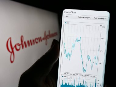 Stuttgart, Almanya - 07-29-2023: ABD 'li Johnson ve Johnson (JNJ) şirketinin web sayfası logonun önünde duran kişi. Telefon ekranının merkezine odaklan.