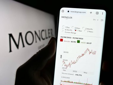 Stuttgart, Almanya - 08-02-2023: İtalyan moda şirketi Moncler S.P.A. 'nın web sitesi ile akıllı telefonu olan kişi logonun önünde ekranda. Telefon ekranının merkezine odaklan.