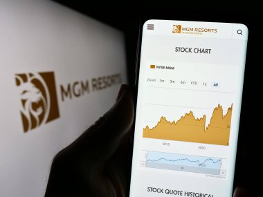 Stuttgart, Almanya - 08-04-2023: Konukseverlik şirketi MGM Resorts International 'ın web sitesi ile cep telefonu tutan kişi logolu ekranda. Telefon ekranının merkezine odaklan.