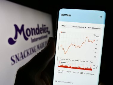 Stuttgart, Almanya - 08-05-2023: ABD 'li gıda şirketi Mondelez International Inc.' in web sayfası ile akıllı telefon sahibi kişi logolu ekranda. Telefon ekranının merkezine odaklan.
