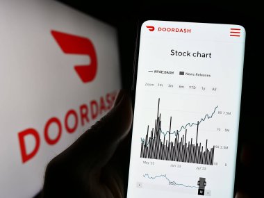 Stuttgart, Almanya - 07-25-2023: ABD 'li gıda dağıtım şirketi DoorDash Inc.' in internet sayfası ile cep telefonu tutan kişi logonun önünde ekranda. Telefon ekranının merkezine odaklan.