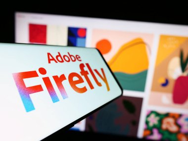 Stuttgart, Almanya - 07-15-2023: Üretici AI ürünü Adobe Firefly logosu ile akıllı telefon iş dünyasının web sitesinin önünde ekranda. Telefon ekranının merkez soluna odaklan.