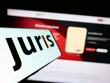 Stuttgart, Germany - 07-15-2023: Smartphone with logo of German legal information prodiver Juris GmbH on screen in front of company website. Focus on left of phone display. clipart