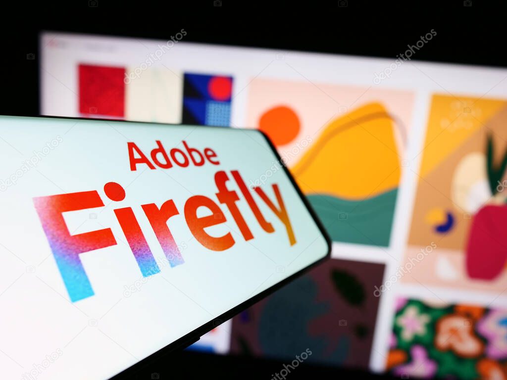 Stuttgart, Germany - 07-15-2023: Smartphone with logo of generative AI product Adobe Firefly on screen in front of business website. Focus on center-left of phone display.
