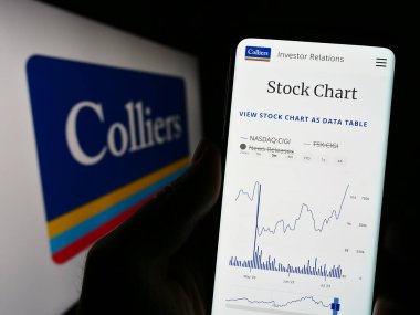 Stuttgart, Almanya - 07-14-2023: Colliers International Group Inc. şirketinin web sitesi ile cep telefonu sahibi kişi logonun önünde ekranda. Telefon ekranının merkezine odaklan.