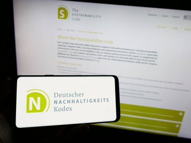 Stuttgart, Almanya - 07-11-2023: İnternet sayfası önünde üzerinde Deutscher Nachhaltigkeitskodex (DNK) logosu bulunan cep telefonu sahibi kişi. Telefon ekranına odaklan.