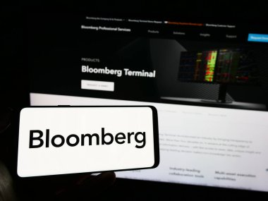 Stuttgart, Almanya - 07-09-2023: Amerikan finans veri şirketi Bloomberg L.P. 'nin logosunun bulunduğu cep telefonu web sayfası önünde ekranda. Telefon ekranına odaklan.