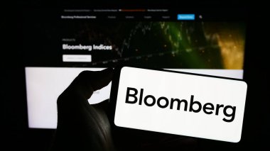 Stuttgart, Almanya - 07-09-2023: ABD 'li finans şirketi Bloomberg L.P.' nin logosuyla cep telefonu sahibi kişi iş sayfasının önünde ekranda. Telefon ekranına odaklan.