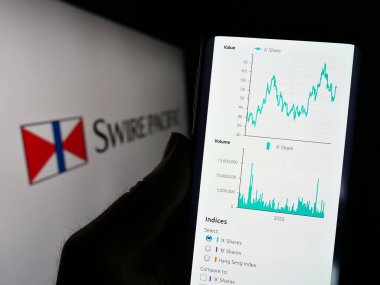 Stuttgart, Almanya - 07-08-2023: Asyalı şirket Swire Pacific Limited 'in web sitesi ile cep telefonu tutan kişi logonun önünde ekranda. Telefon ekranının merkezine odaklan.