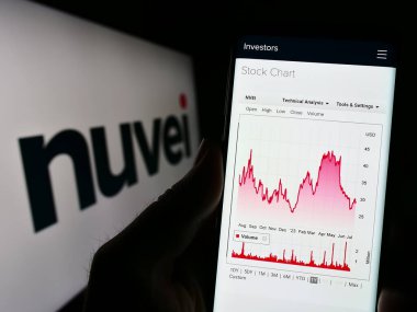 Stuttgart, Almanya - 07-08-2023: Ödeme şirketi Nuvei Technologies Corp 'un internet sitesi ile akıllı telefonu olan kişi logonun önünde ekranda. Telefon ekranının merkezine odaklan.