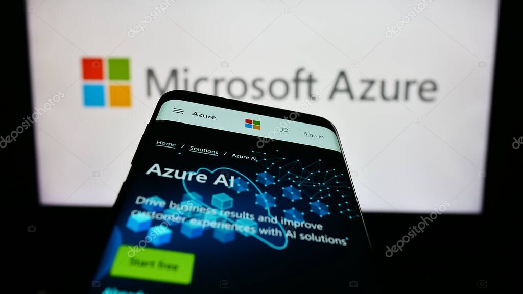 Stuttgart, Germany - 07-11-2023: Mobile phone with webpage of cloud computing platform Microsoft Azure on screen in front of business logo. Focus on top-left of phone display.