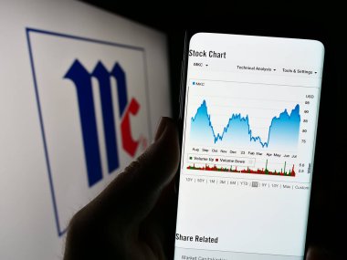 Stuttgart, Almanya - 07-08-2023: ABD 'li McCormick Company Incorporated şirketinin web sitesi ile cep telefonu tutan kişi logo önünde ekranda. Telefon ekranının merkezine odaklan.
