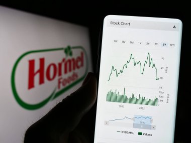 Stuttgart, Almanya - 07-02-2023: ABD 'li gıda şirketi Hormel Foods Corporation' ın web sayfası ile logo önünde cep telefonu tutan kişi. Telefon ekranının merkezine odaklan.