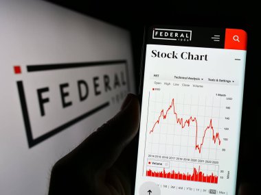 Stuttgart, Almanya - 07-01-2023: ABD 'li Federal Emlak Yatırım Tröstü' nün web sitesiyle birlikte logonun önünde cep telefonu tutan kişi. Telefon ekranının merkezine odaklan.