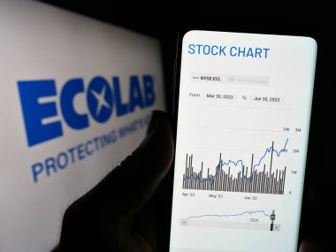 Stuttgart, Almanya - 07-01-2023: ABD 'li su teknolojileri şirketi Ecolab Inc.' in web sitesi ile akıllı telefonu olan kişi logonun önünde ekranda. Telefon ekranının merkezine odaklan.