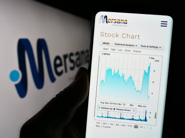 Stuttgart, Almanya - 07-01-2023: ABD 'li biyoteknoloji şirketi Mersana Therapeutics Inc.' in web sayfası ile akıllı telefonu elinde tutan kişi logolu ekranda. Telefon ekranının merkezine odaklan.