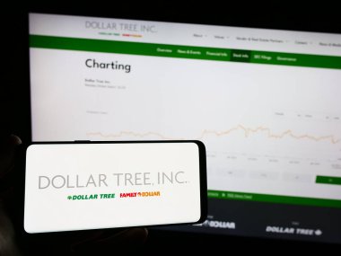 Stuttgart, Almanya - 06-28-2023: Amerikan indirimli perakende şirketi Dollar Tree Inc. 'in logosunu taşıyan cep telefonu web sayfasının önünde duruyor. Telefon ekranına odaklan.