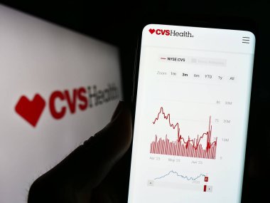 Stuttgart, Almanya - 06-28-2023: ABD 'li sağlık şirketi CVS Health Corporation' ın logolu web sayfası ile cep telefonu tutan kişi. Telefon ekranının merkezine odaklan.